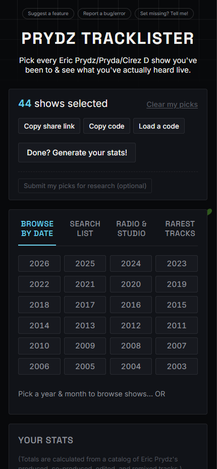 Prydz Tracklister home screen